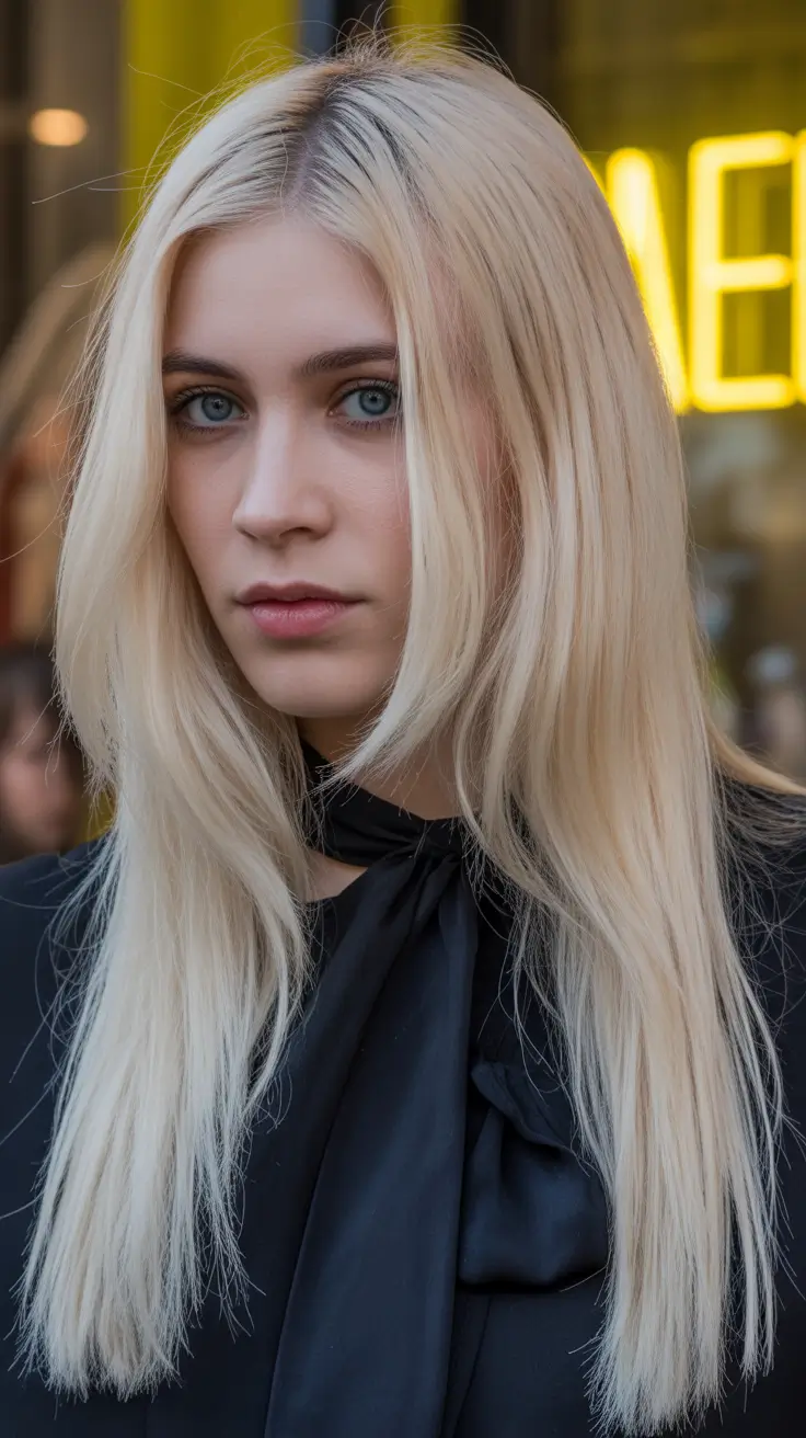 spring blonde hair color ideas 2026 Urban Straight Layers in Neutral Frosted Blonde