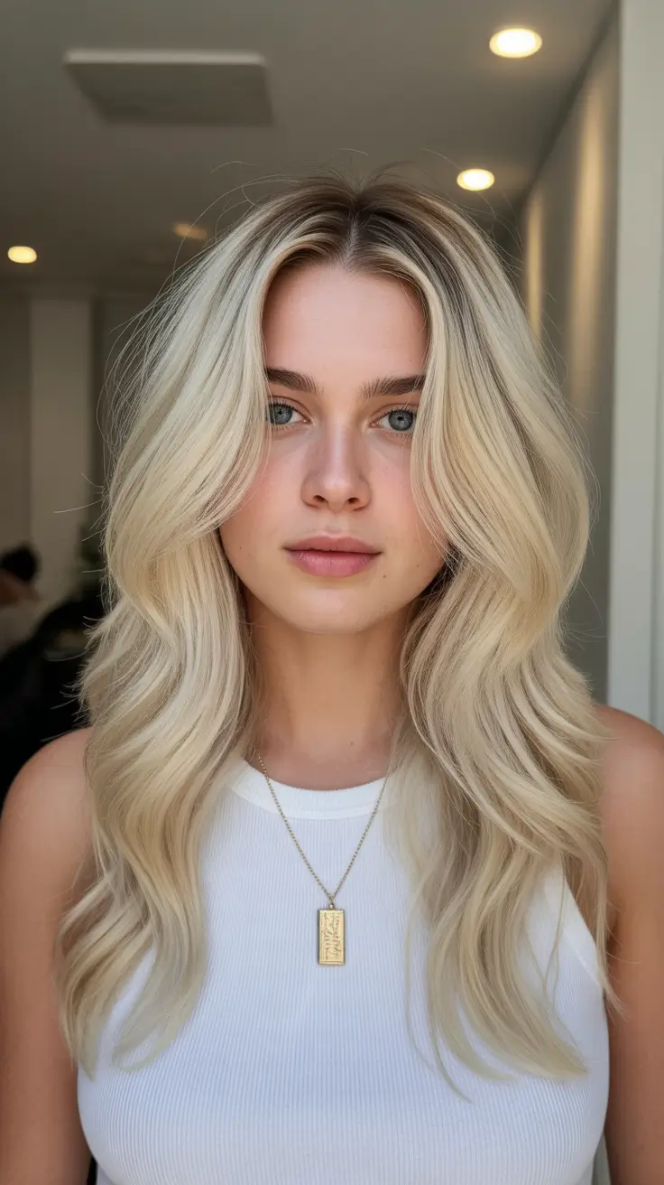 spring blonde hair color ideas 2026 Feathered Layers in Soft Champagne Blonde