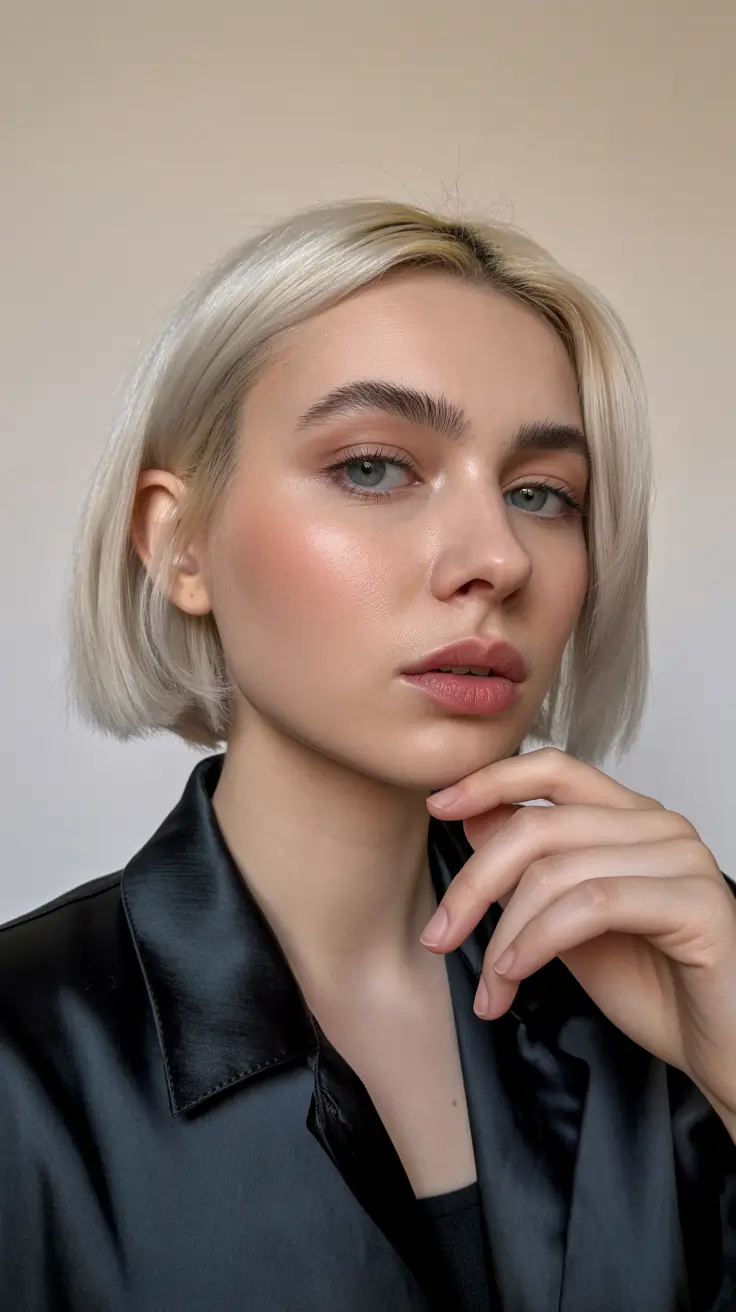 spring blonde hair color ideas 2026 Minimalist Ice-Blonde Bob with a Clean Spring Edge