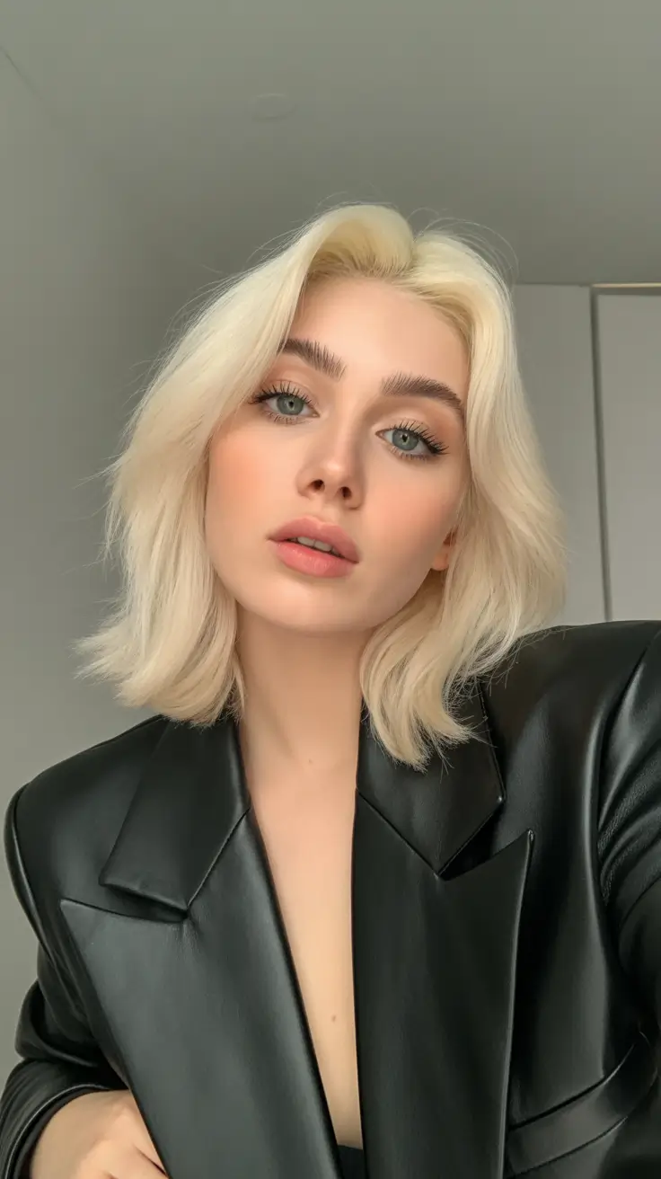 spring blonde hair color ideas 2026 Feathered Platinum Bob with Soft Movement