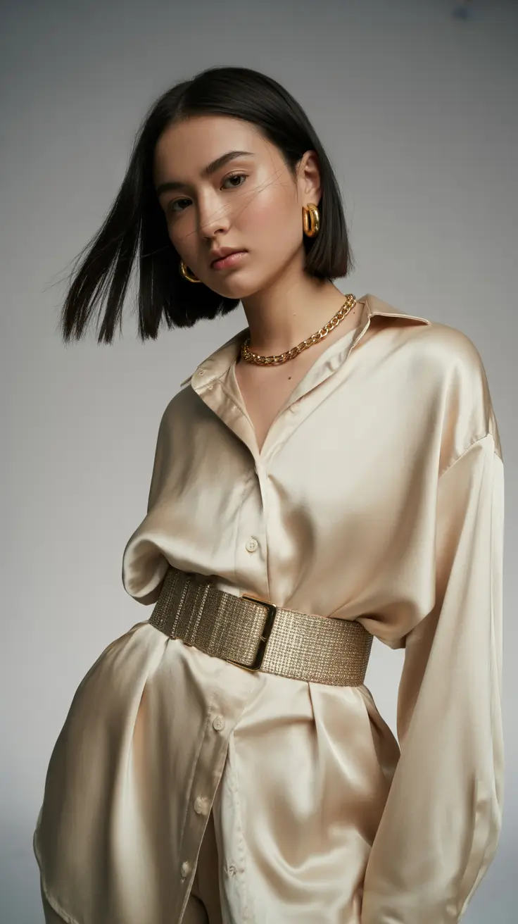 Spring work outfits 2026 Satin Neutrals With Sculpted Gold Accents