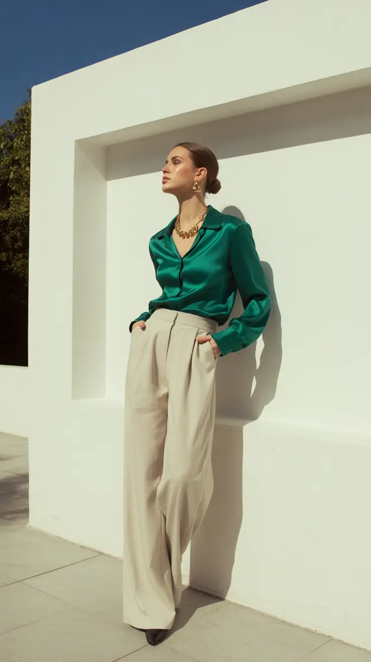 Spring work outfits 2026 Emerald Satin and Cream Trousers for Polished Spring Light