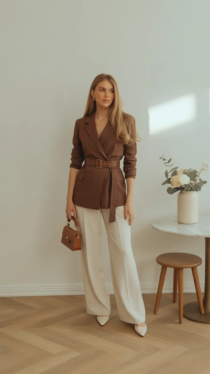Spring work outfits 2026 Structured Chocolate Blazer With Cream Trousers for Soft Office Elegance