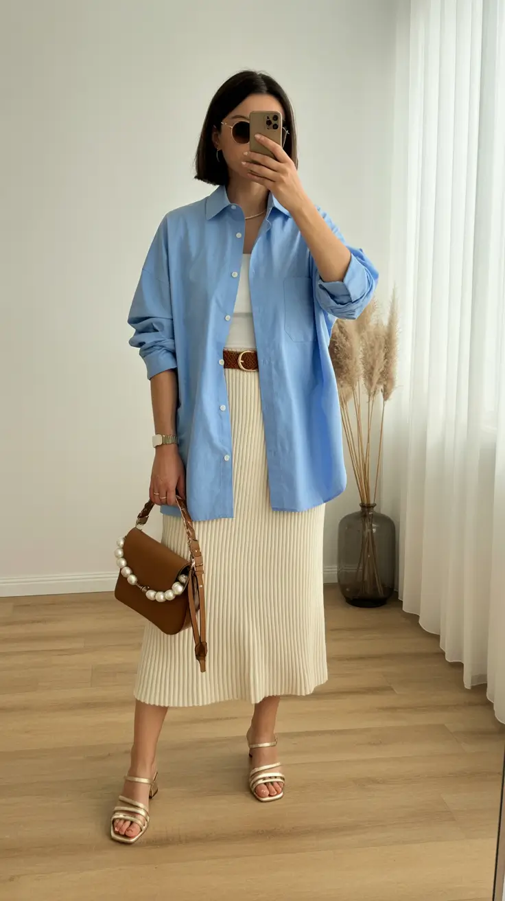 Spring work outfits 2026 Light Blue Shirt and Knit Skirt for Soft Feminine Office Chic