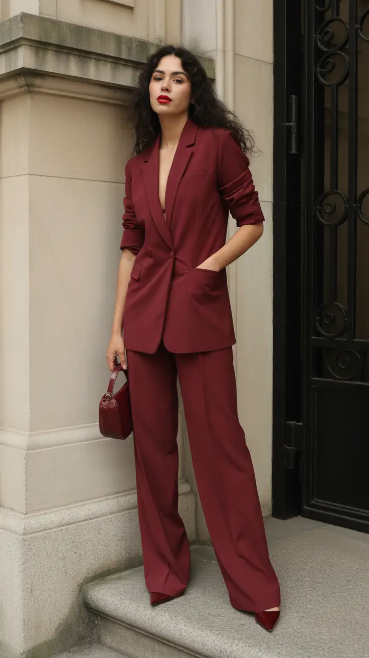 Spring work outfits 2026 Minimalist Burgundy Suiting for Quiet Confidence