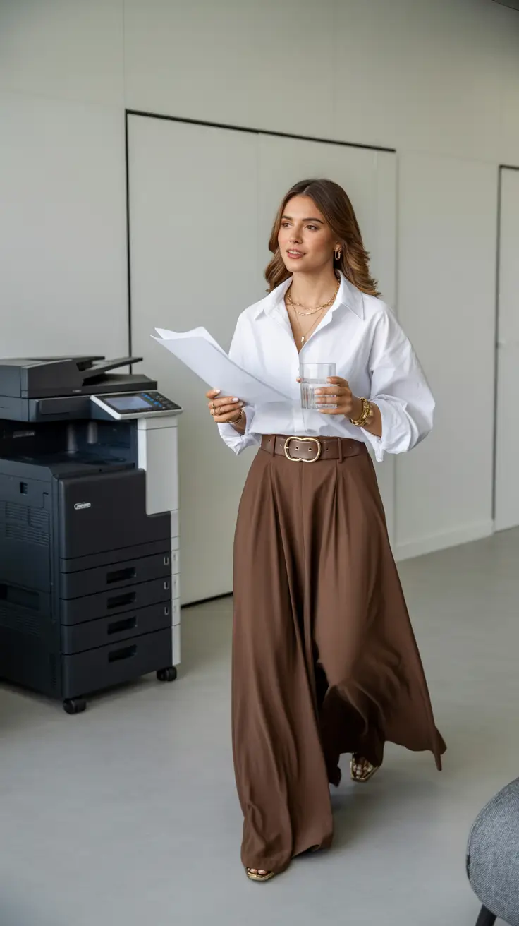 Spring work outfits 2026 Crisp White Shirt and Flowing Chocolate Pants for Effortless Office Movement