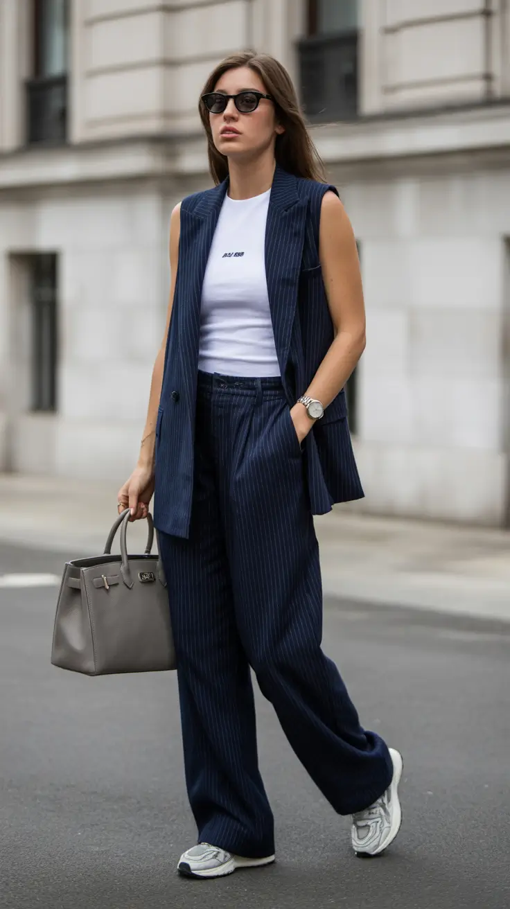 Spring work outfits 2026 Pinstripe Vest Suiting With Sneakers for Cool Casual Office Days