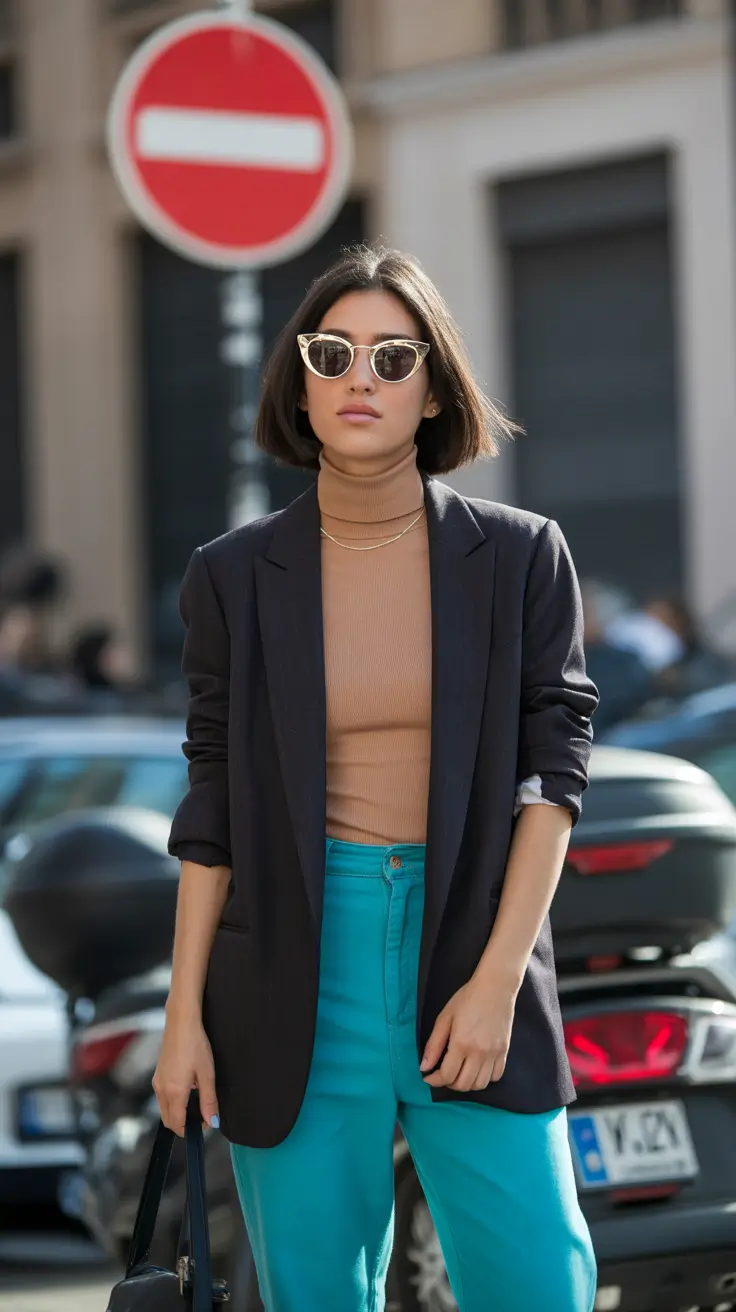 Spring work outfits 2026 Camel Turtleneck and Teal Pants for Bold Office Chic Color Play