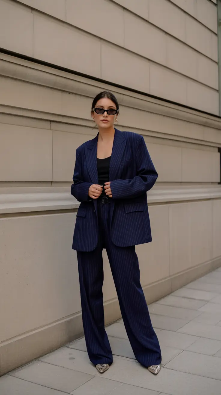 Spring work outfits 2026 Navy Pinstripe Suit for Timeless Urban Ease