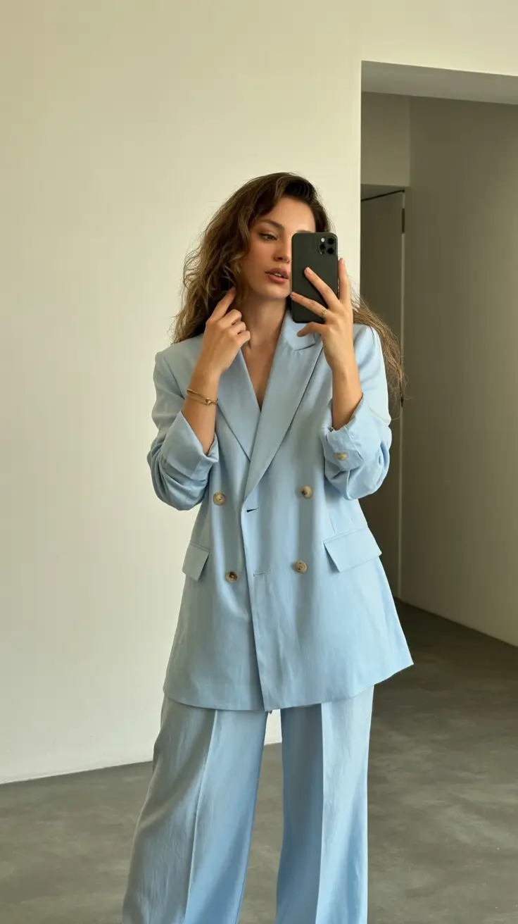 Spring work outfits 2026 Pastel Blue Suiting for Light Early-Spring Days
