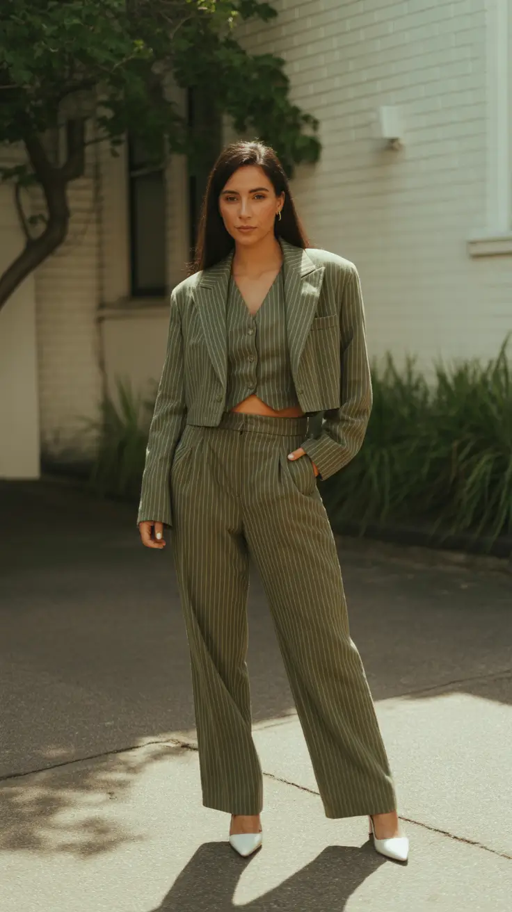 Spring work outfits 2026 Olive Pinstripes With a Relaxed Spring Mood