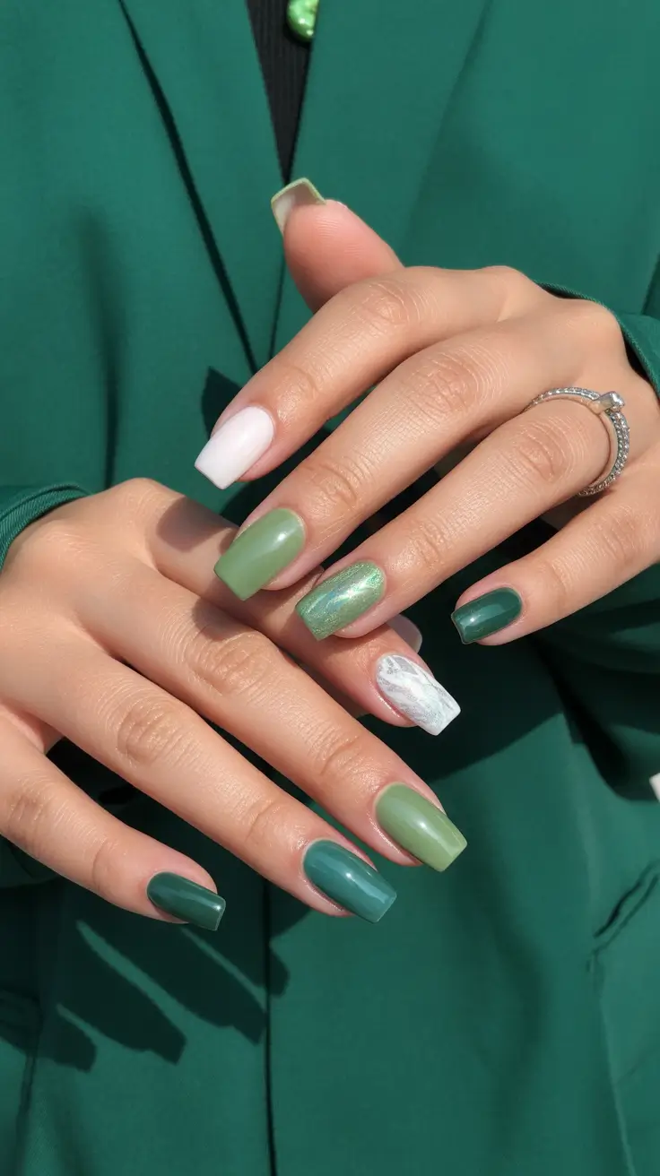 square nails inspiration 2026 Green Gradient Mix with White Marble Accent