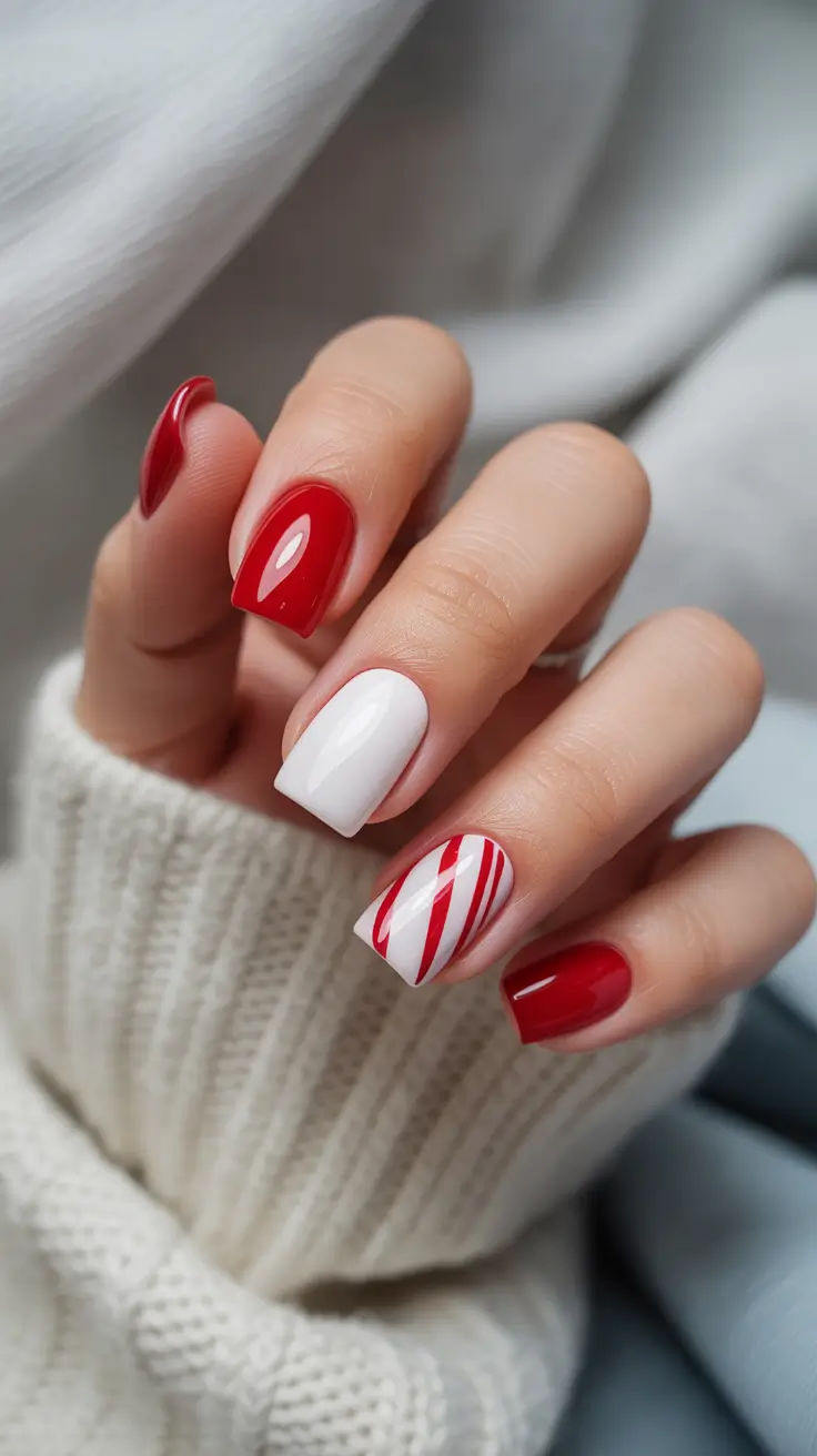 square nails inspiration 2026 Peppermint Red & White Mix