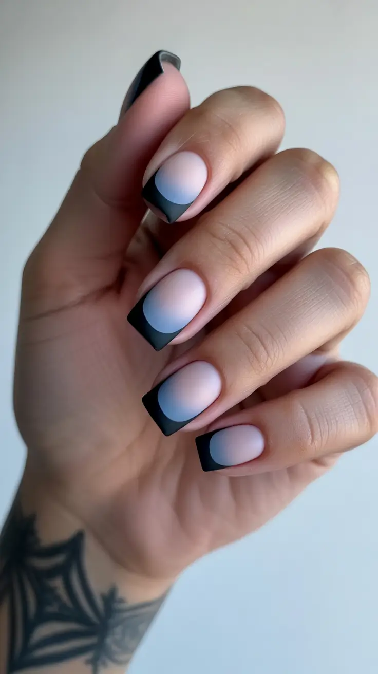 square nails inspiration 2026 Frosted Gradient with Sharp Black Tips