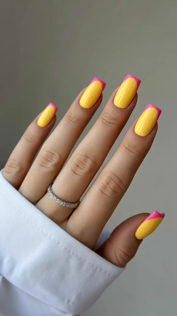 square nails inspiration 2026 Neon Edge French in Yellow & Hot Pink