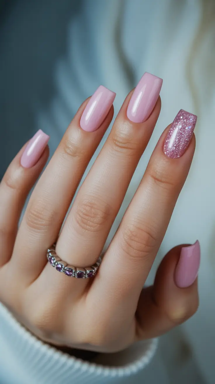 square nails inspiration 2026 Soft Pink Glow with a Glitter Accent