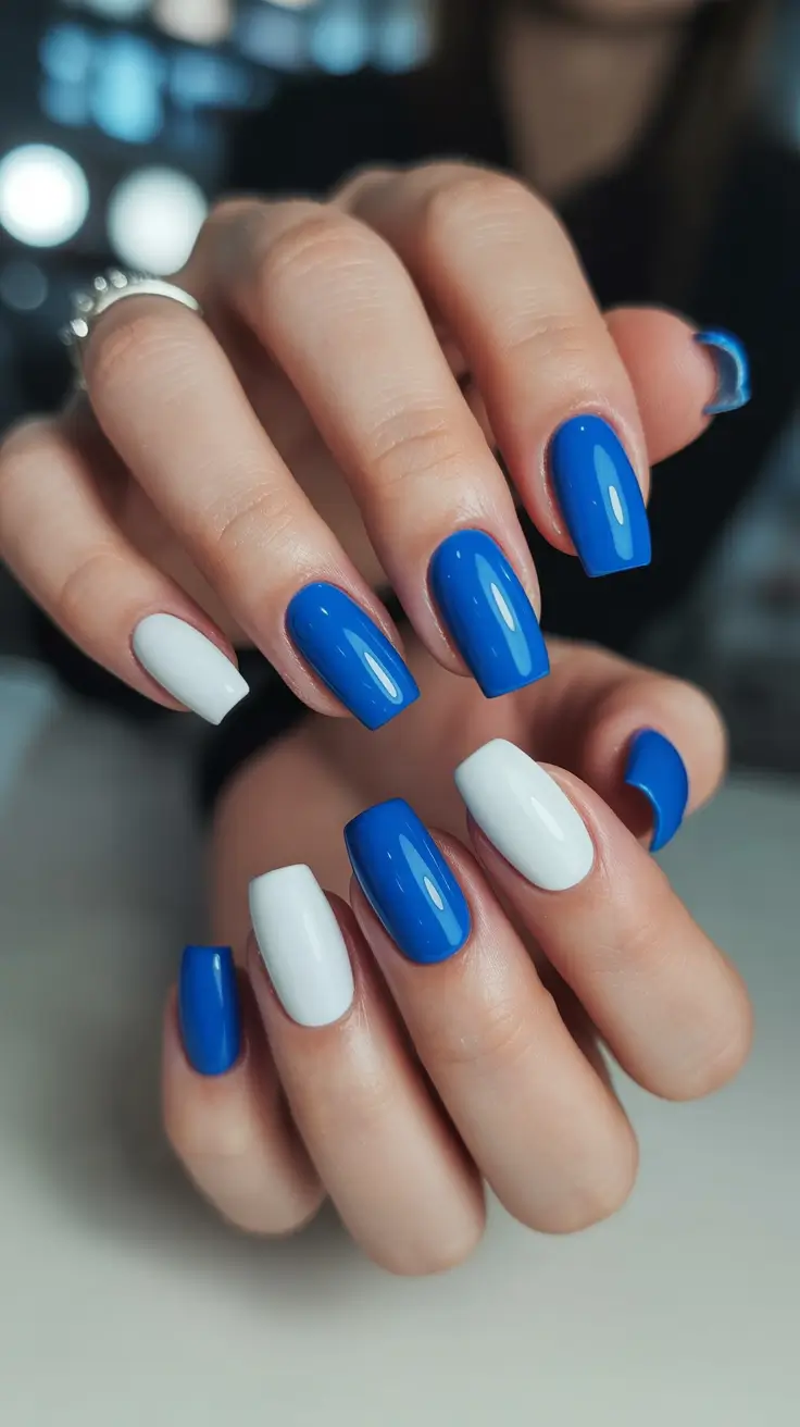 square nails inspiration 2026 Blue & White Summer Squares