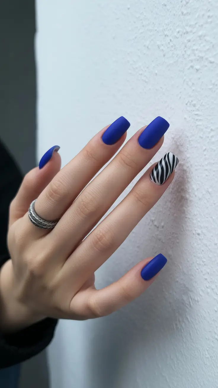 square nails inspiration 2026 Matte Cobalt with Zebra Accent