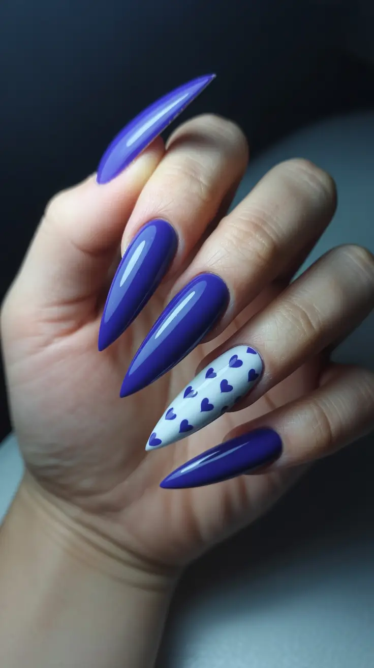 stiletto nail designs 2026 Purple Passion Stilettos With White Accent Hearts