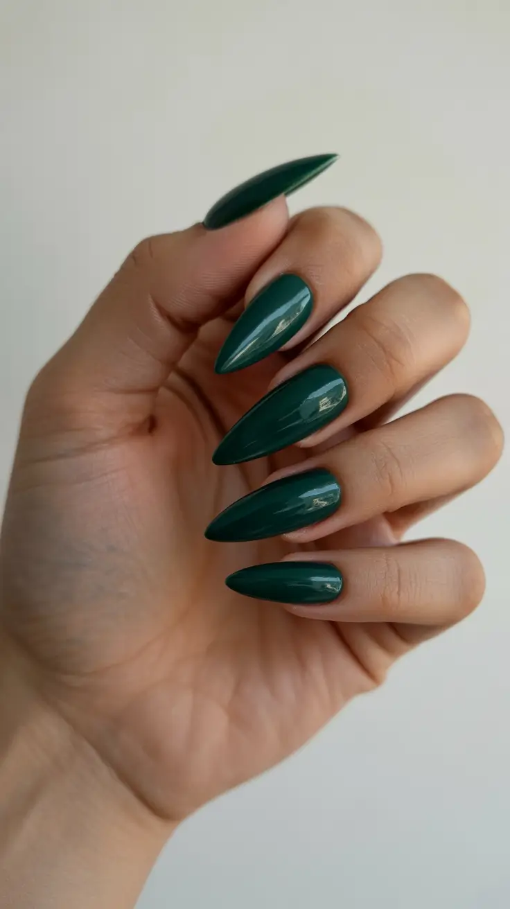 stiletto nail designs 2026 Deep Forest-Green Stilettos With Rich Depth