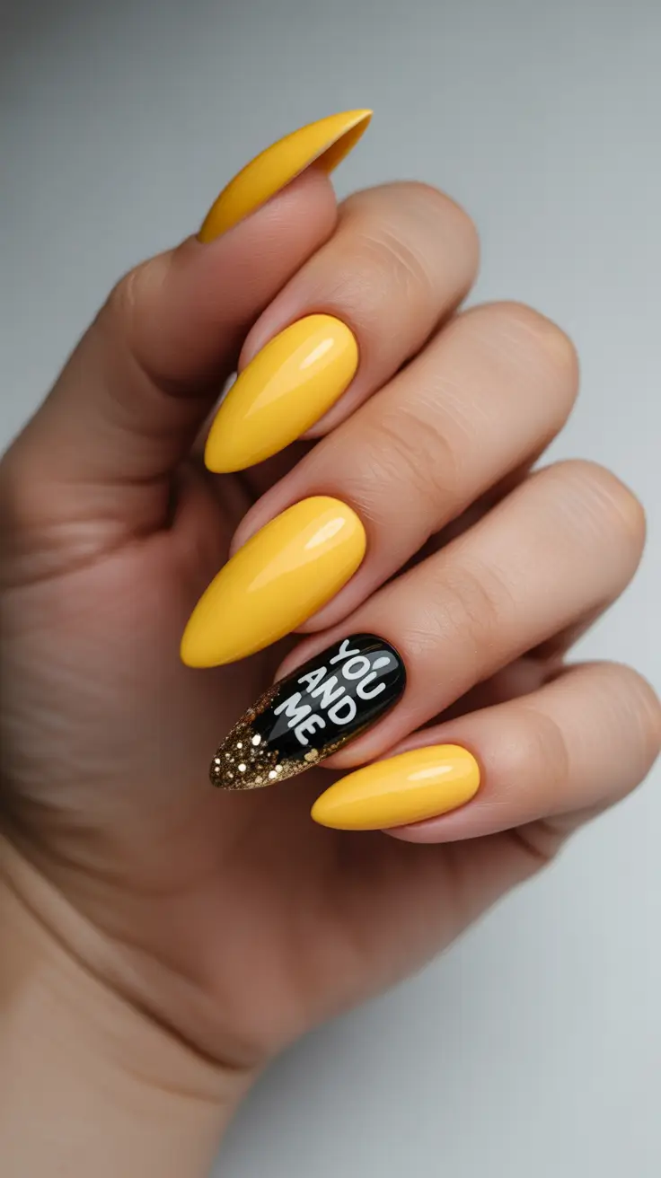 stiletto nail designs 2026 Golden Sunrise Yellow With Accent Message Art