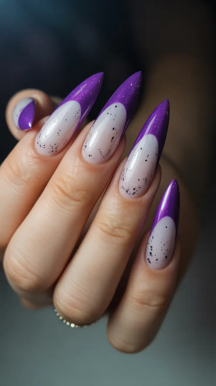 stiletto nail designs 2026 Violet Sparkle French Stilettos With Smoky Base Accents