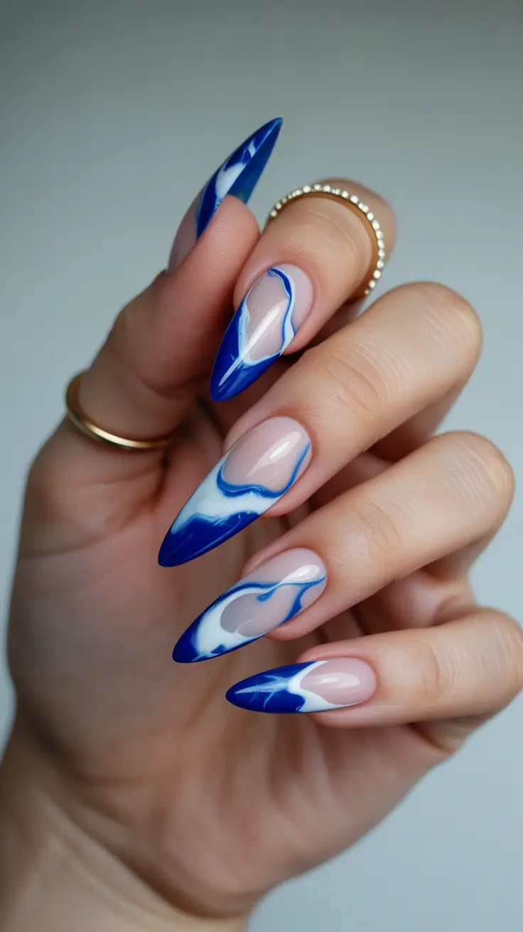 stiletto nail designs 2026 Ocean Marble French Waves in Midnight Blue