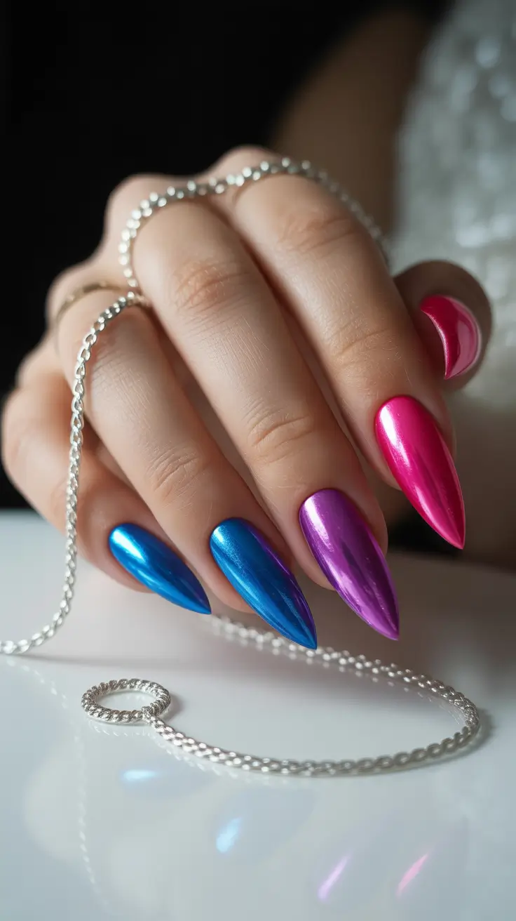 stiletto nail designs 2026 Chromatic Mirror Stilettos in Pink, Purple, and Blue
