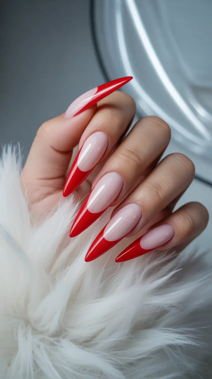 stiletto nail designs 2026 Scarlet Precision French Tips in Sharp Stiletto Form