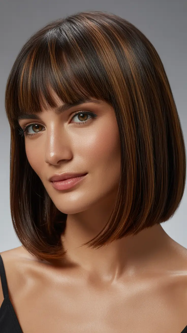 Stylish bob cuts for women 2026 Warm Caramel Highlight Bob With Soft Fringe