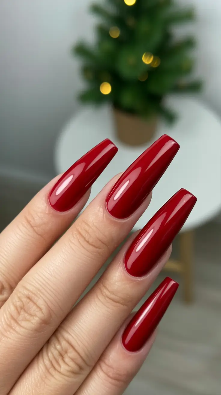 stylish coffin nails 2026 Deep Ruby Gloss for Classic Confidence