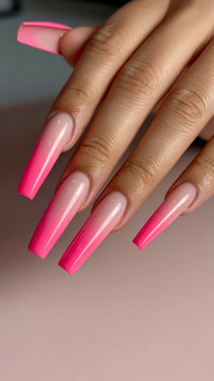 stylish coffin nails 2026 Hot Pink Ombre Glow for Playful Confidence
