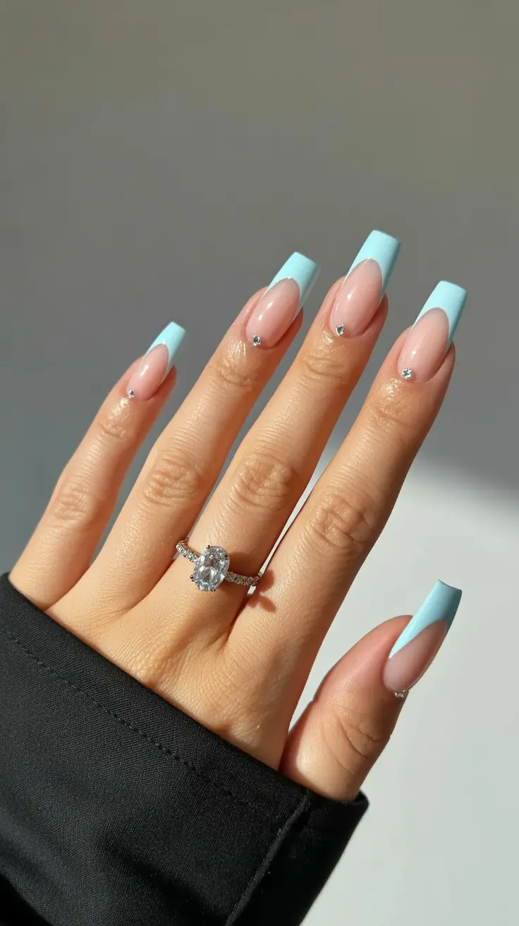 stylish coffin nails 2026 Sky-Blue French Tips With Crystal Accents