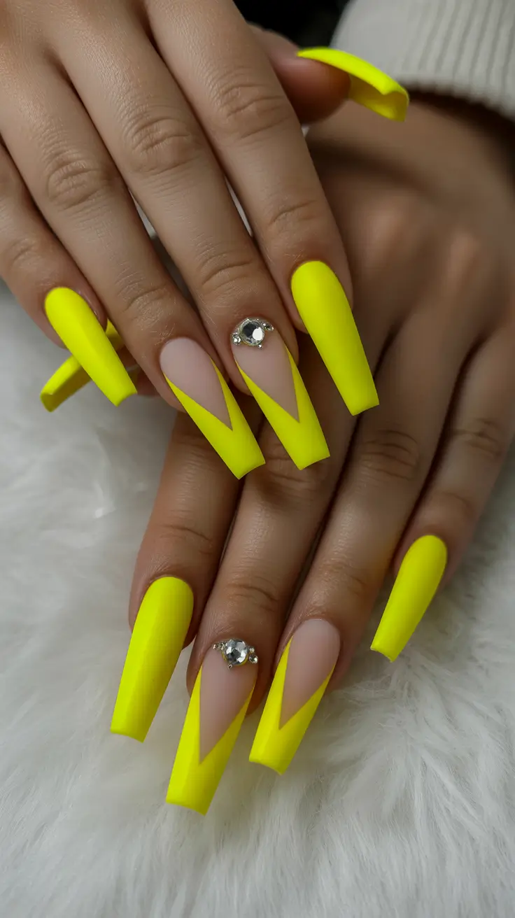 stylish coffin nails 2026 Neon Chevron Geometry With Crystal Accents