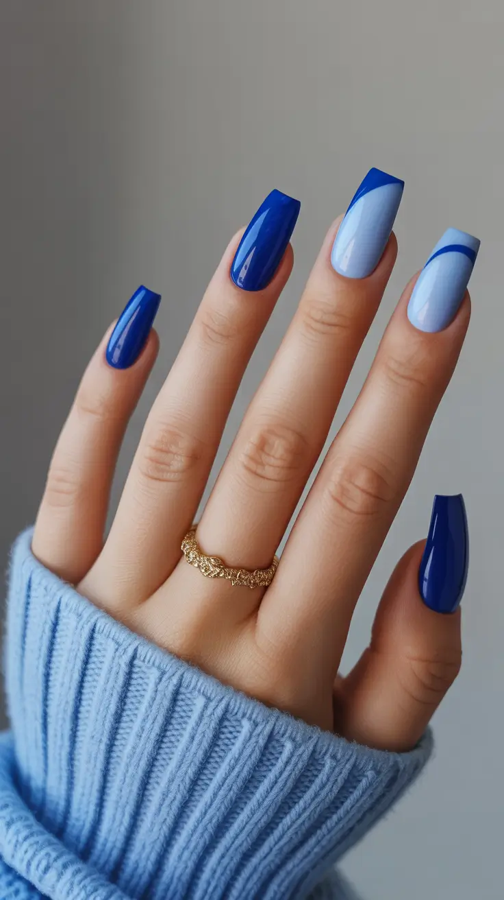 stylish coffin nails 2026 Ultra-Blue Shine With Soft Accent Swirls