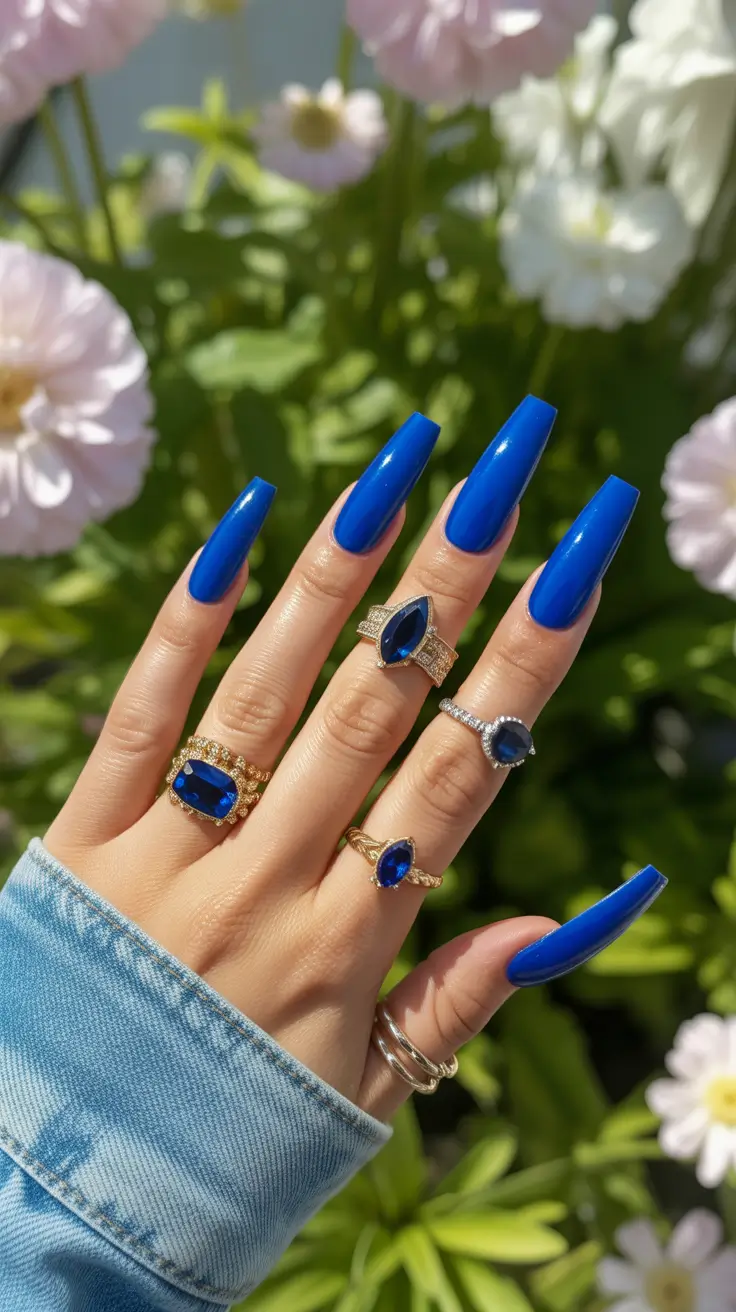 stylish coffin nails 2026 Royal Cobalt Shine for Bold Summer Drama