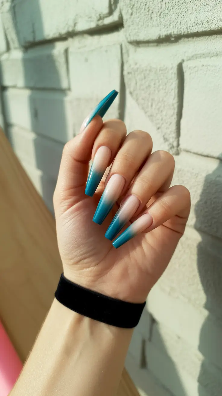 stylish coffin nails 2026 Teal Ombre Fade With a Cool Sea Breeze Feel