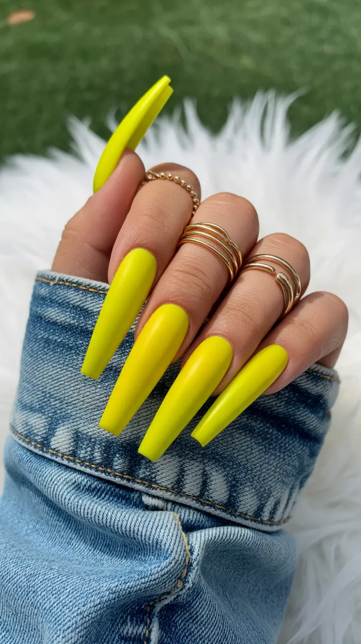 stylish coffin nails 2026 Neon Lemon Matte for Fearless Summer Energy