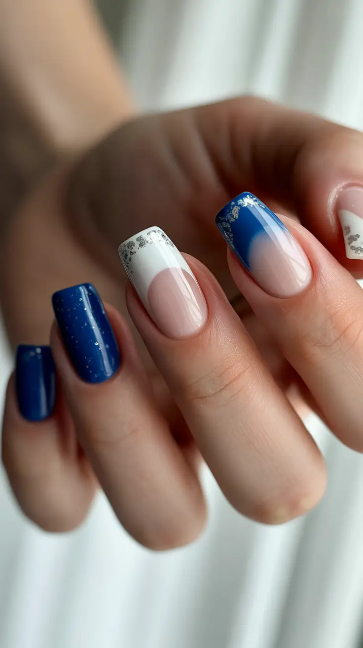 stylish gel nails 2026 Silver Frost Crescent with Royal Blue