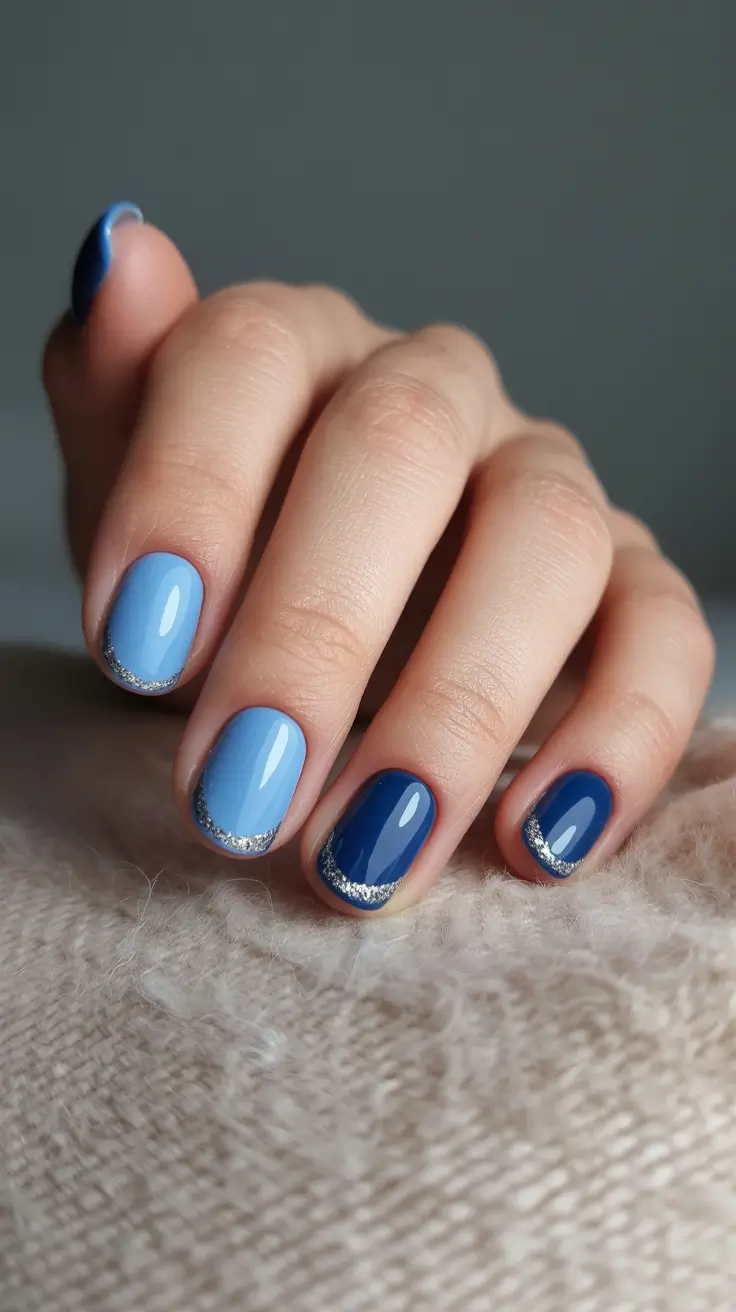 stylish gel nails 2026 Blue Moon Gradient with Silver Accents