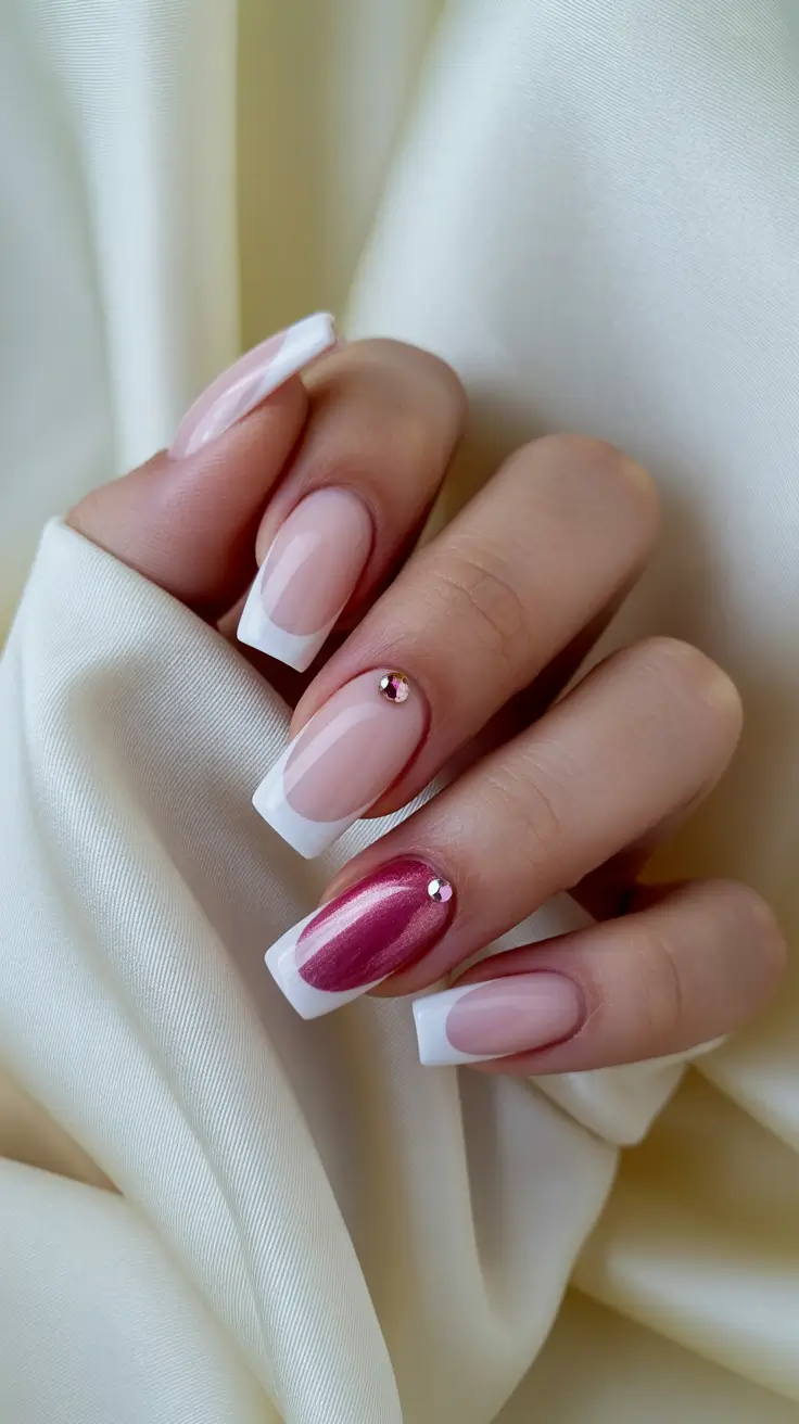 stylish gel nails 2026 Classic French with Rose Chrome Accent