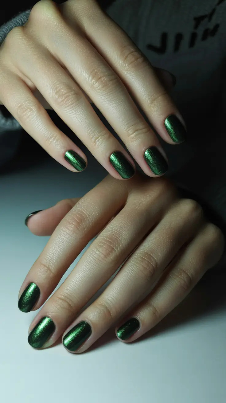 stylish gel nails 2026 Emerald Metallic Short Glow