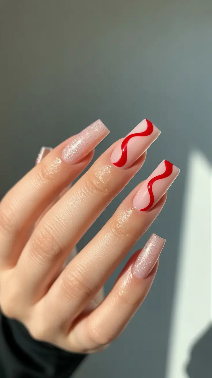 stylish gel nails 2026 Red Wave Lines & Soft Sparkle Blend