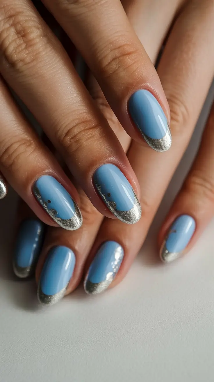 stylish gel nails 2026 Silver Melt French on Powder Blue