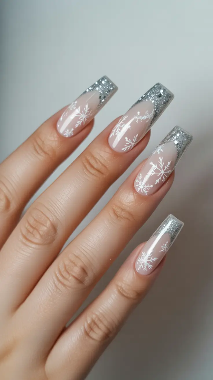 stylish gel nails 2026 Silver Glitter French with Snowflake Art