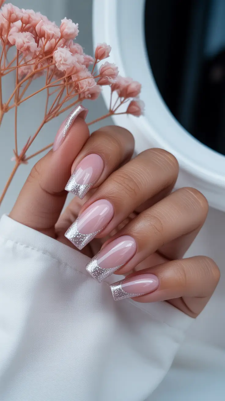 stylish gel nails 2026 Silver Veil French on Blush Pink