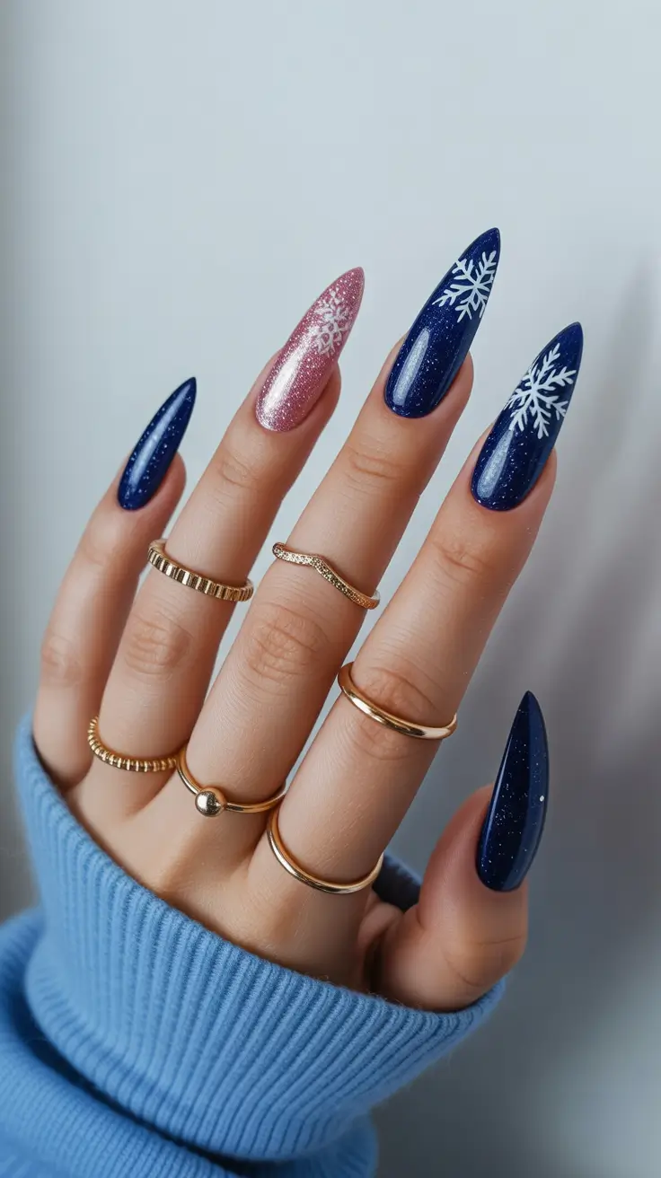 stylish gel nails 2026 Snowfall Navy & Rose Glitter Mix