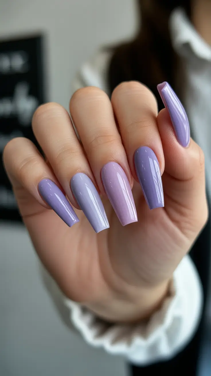 stylish gel nails 2026 Lavender Harmony Coffin Shine