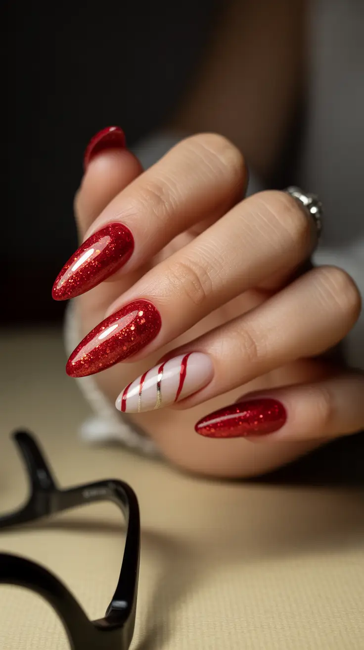 stylish gel nails 2026 Crimson Spark & Candy Swirl Accent