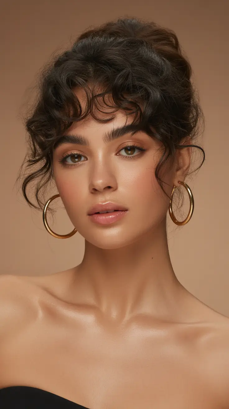 Stylish hair ideas 2026 Soft Curly Updo With Face-Framing Bangs